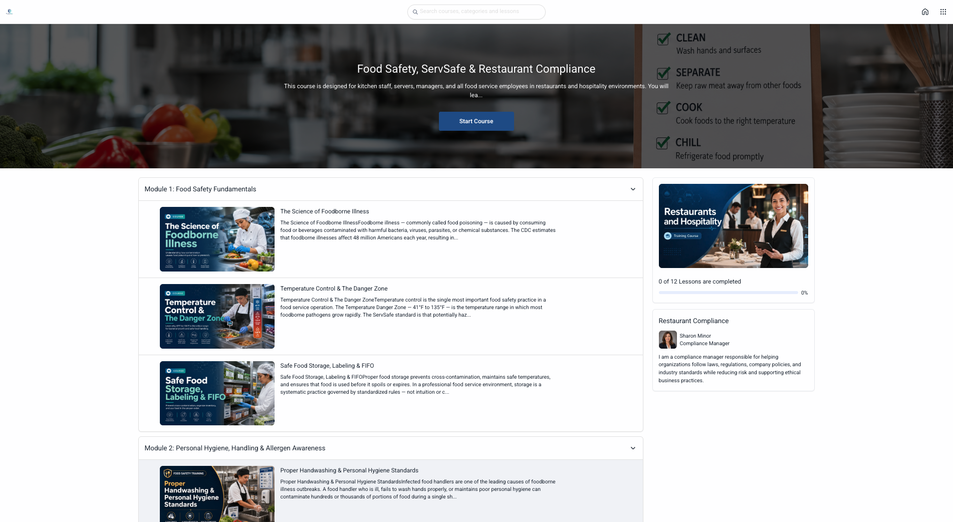 ComplianceVideo.com course library dashboard showing available hospitality training modules