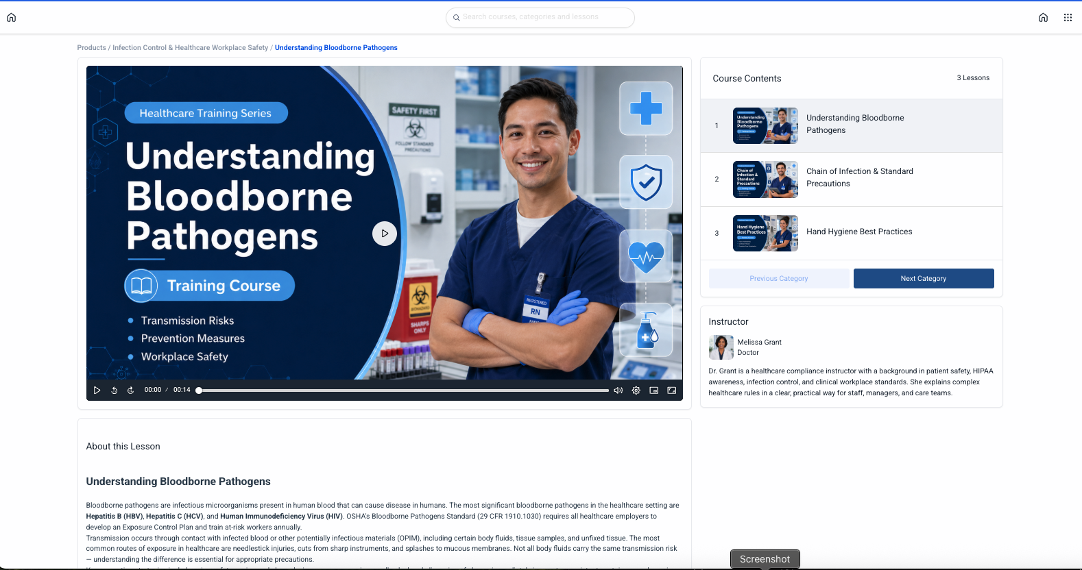 ComplianceVideo.com healthcare training video player interface showing a compliance course in progress