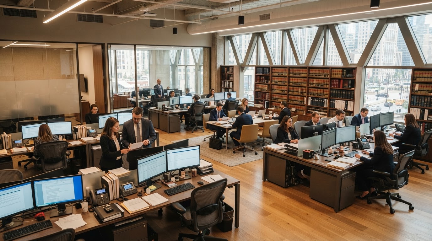 Law firm office where ComplianceVideo transforms policies into AI training videos, a branded staff portal, and a 24/7 AI assistant.