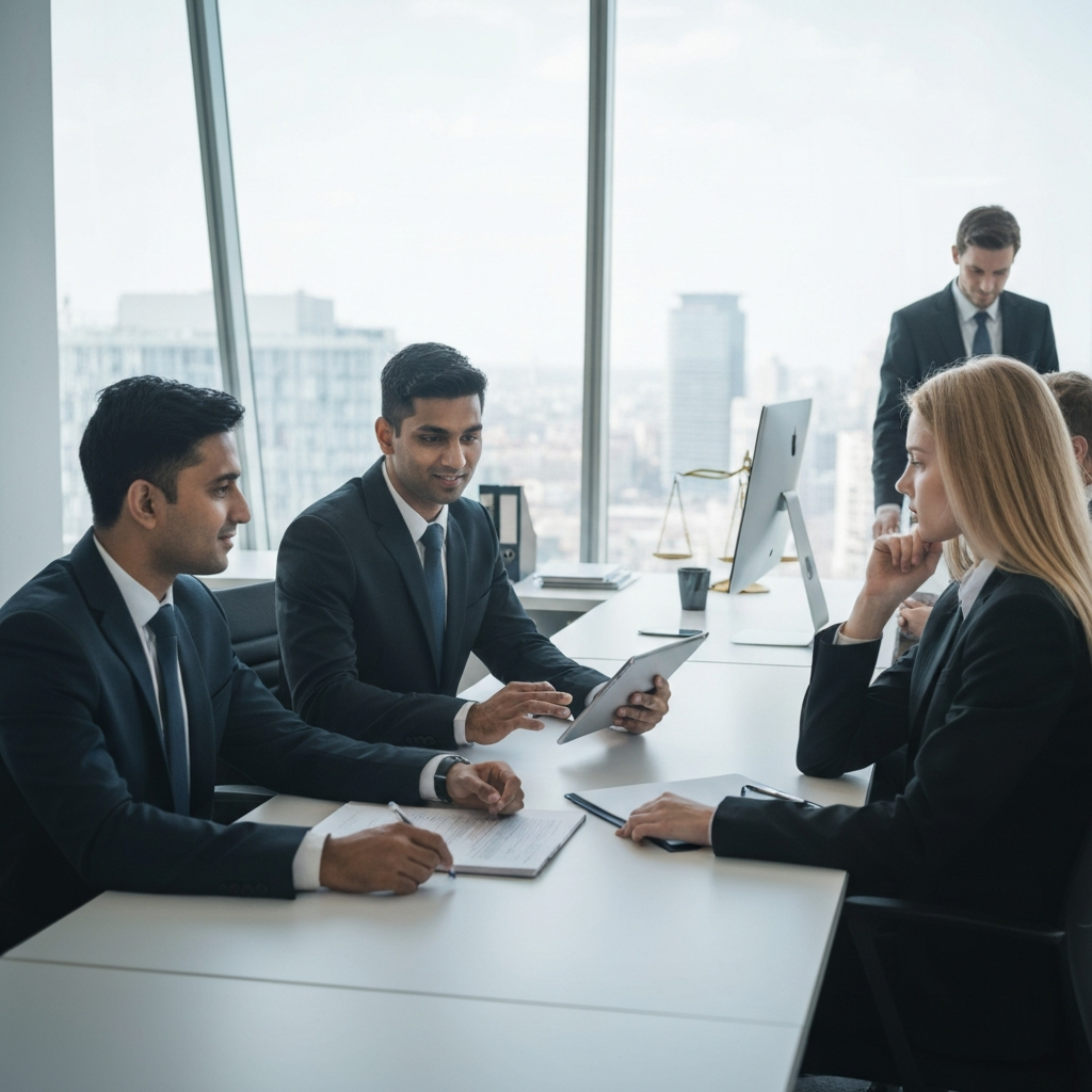Modern law firm office with legal professionals, symbolizing firm growth and modernized training