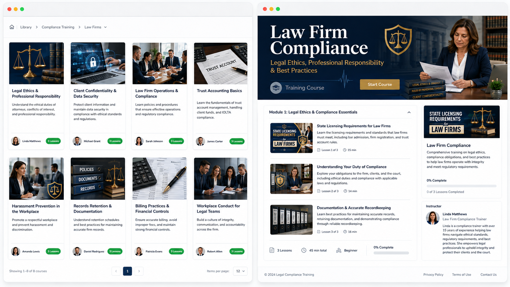 Detailed view of course modules and staff progress tracking in the ComplianceVideo.com portal
