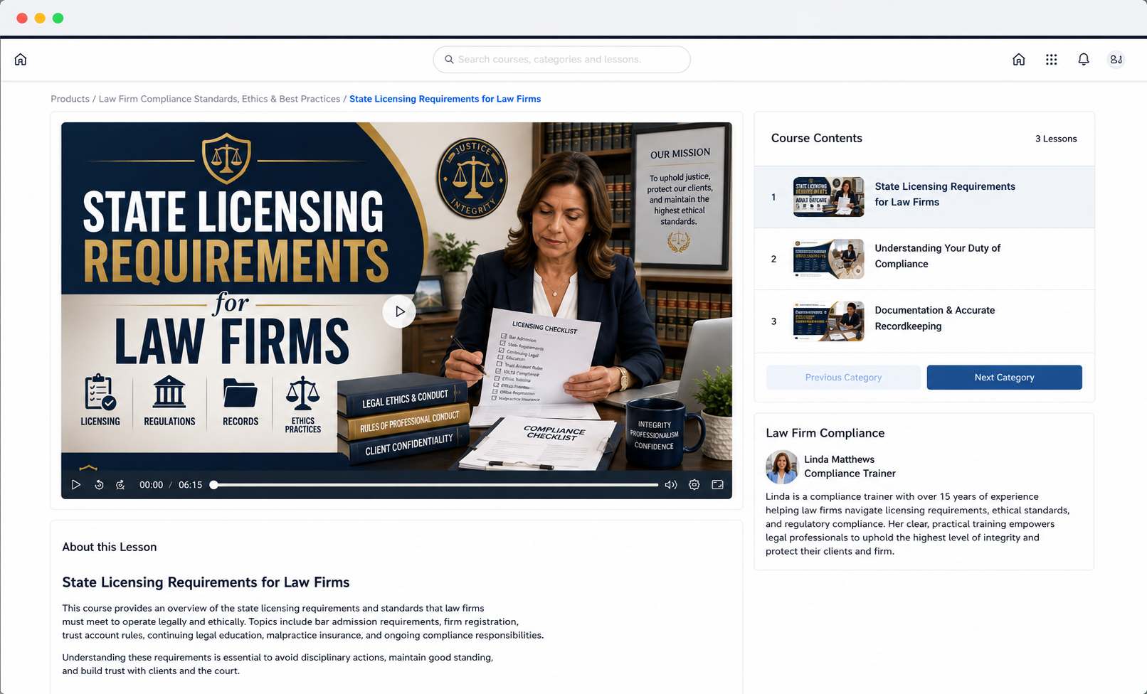ComplianceVideo.com training video player interface showing State Licensing Requirements for Law Firms course