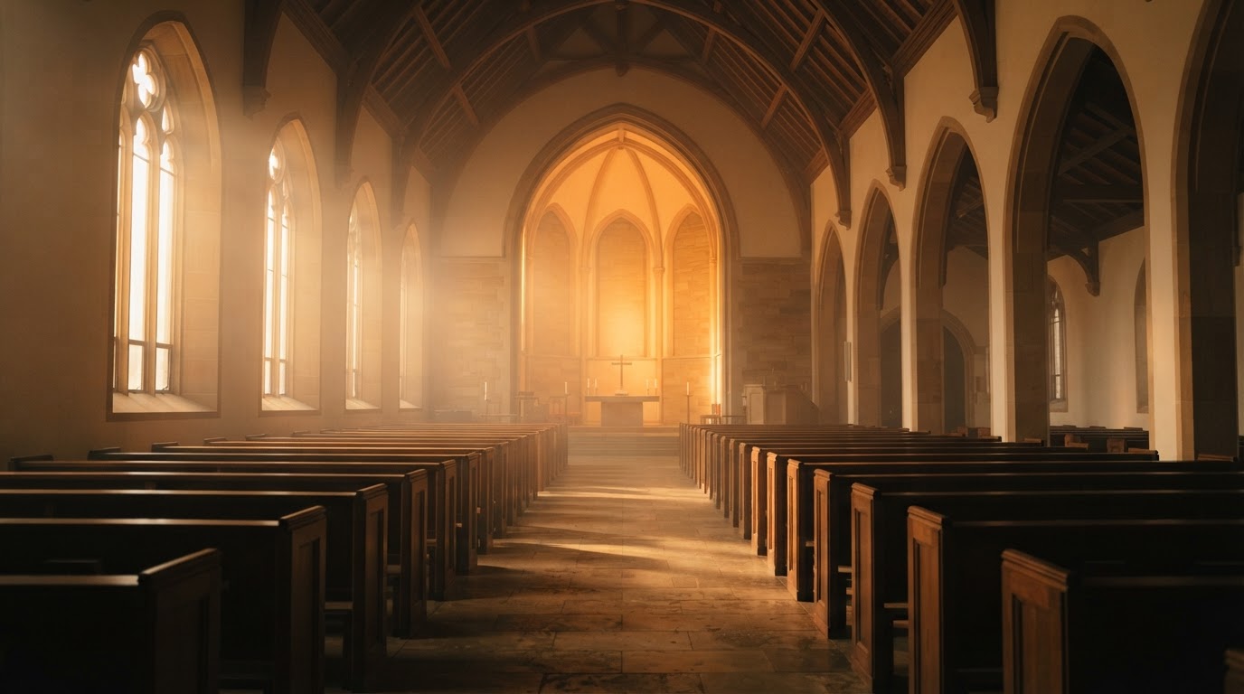 Warm sunlight filling a modern church sanctuary interior