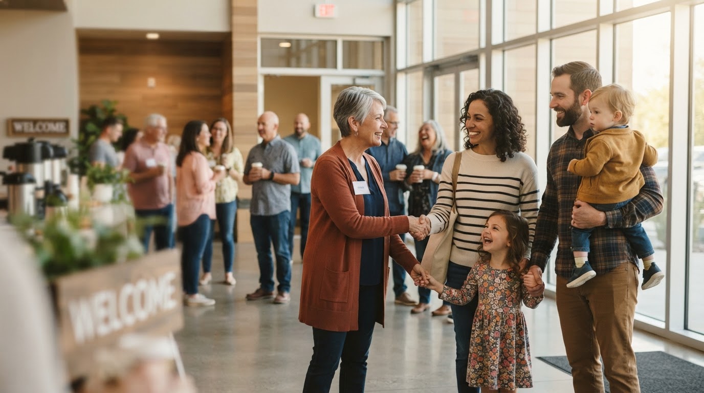 A church volunteer warmly welcoming a visiting family