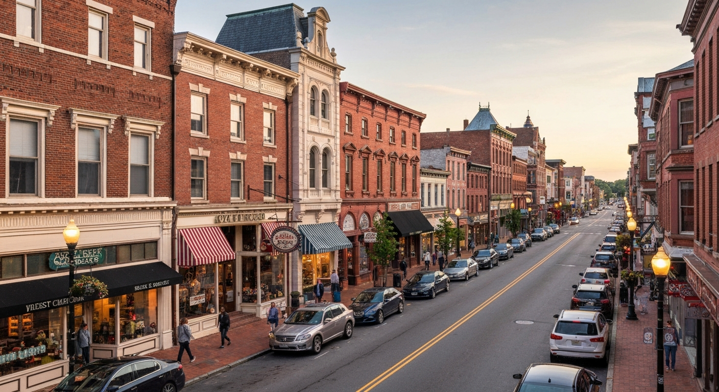 Downtown West Chester Pennsylvania streetscape near Gay Street with shops, restaurants, and historic buildings