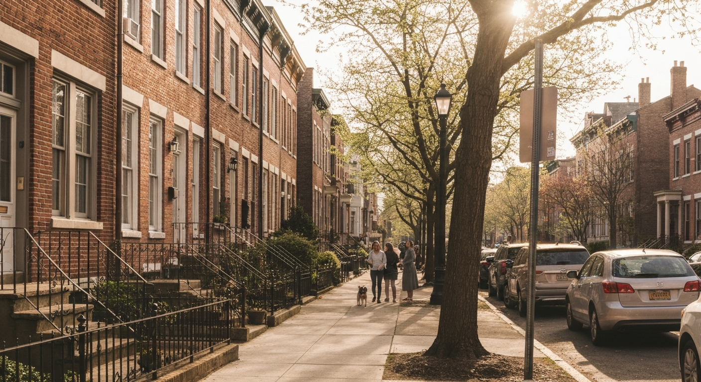 Living in Queen Village Philadelphia with historic rowhomes, walkable streets, and neighborhood character