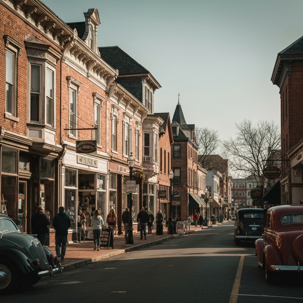 Historic streetscape in Newtown Pennsylvania with local shops, sidewalks, and borough architecture