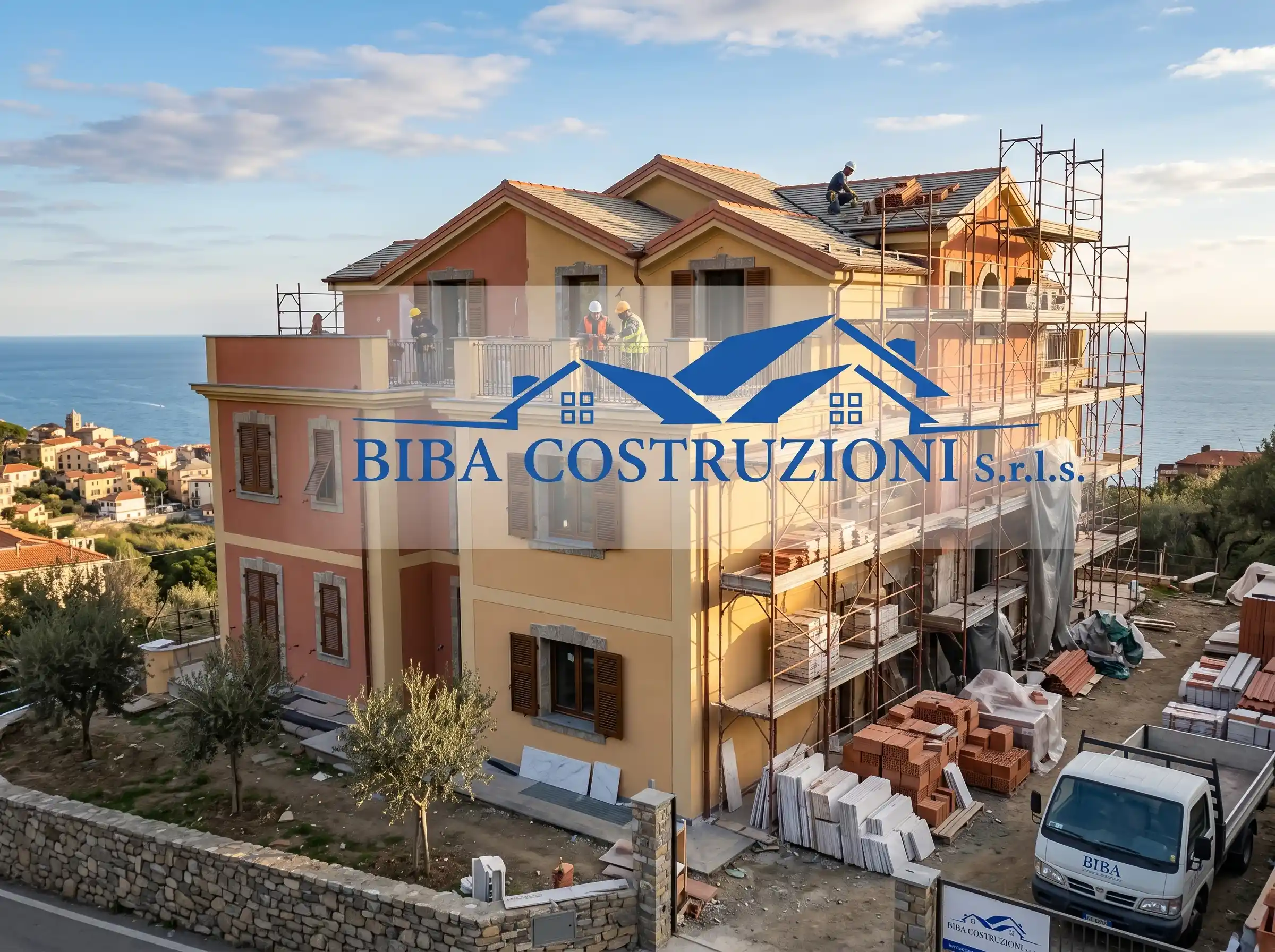 Cantiere residenziale BiBa Costruzioni in Liguria - edificio in fase di costruzione con vista mare