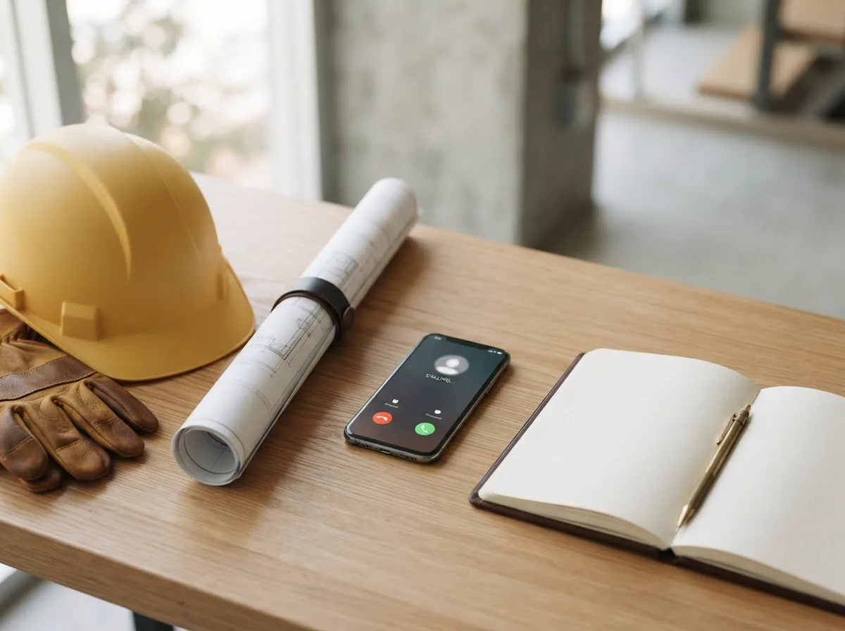 Contatti BiBa Costruzioni - casco, blueprints e smartphone per contattare l'azienda
