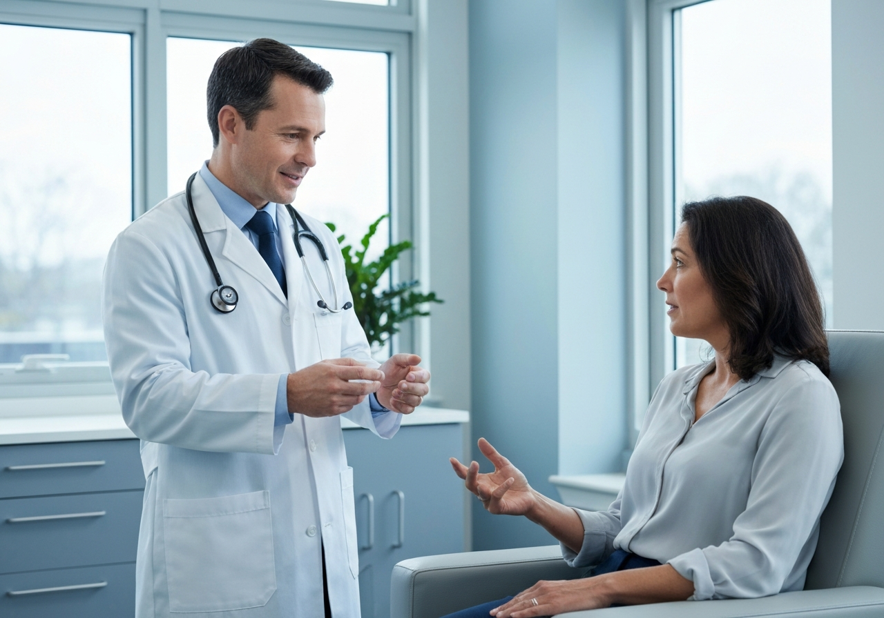 Neurosurgeon consulting with patient