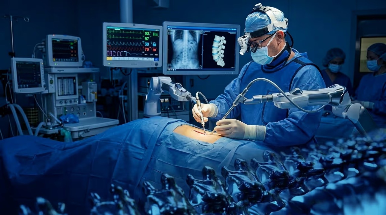 Surgeon performing minimally invasive robotic spine surgery