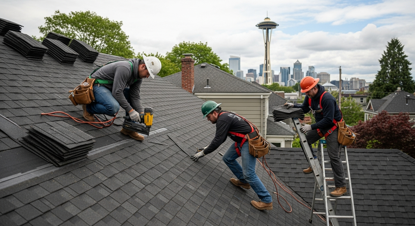 Professional roofing crew completing full roof replacement on Seattle residential home