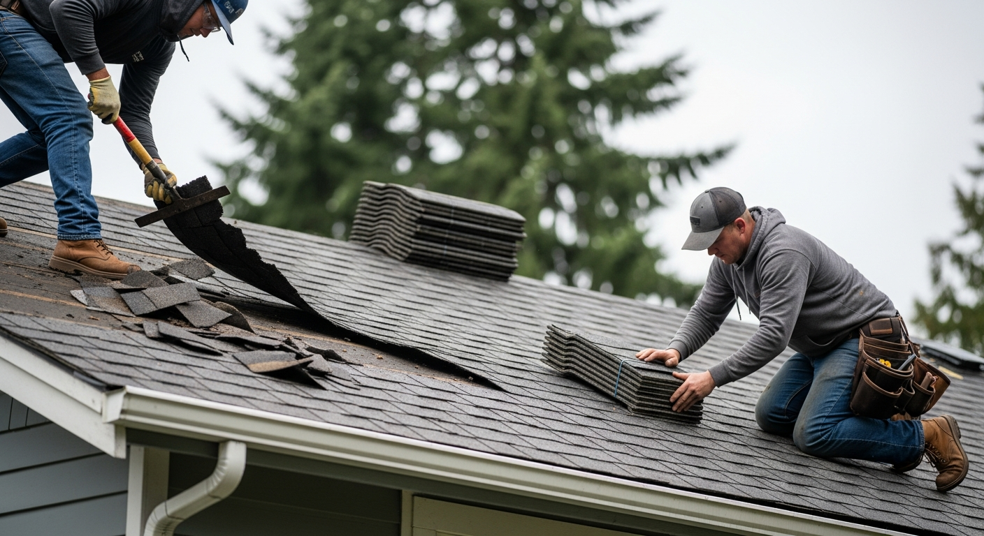 Roofing crew replacing damaged shingles on a Seattle home after storm
