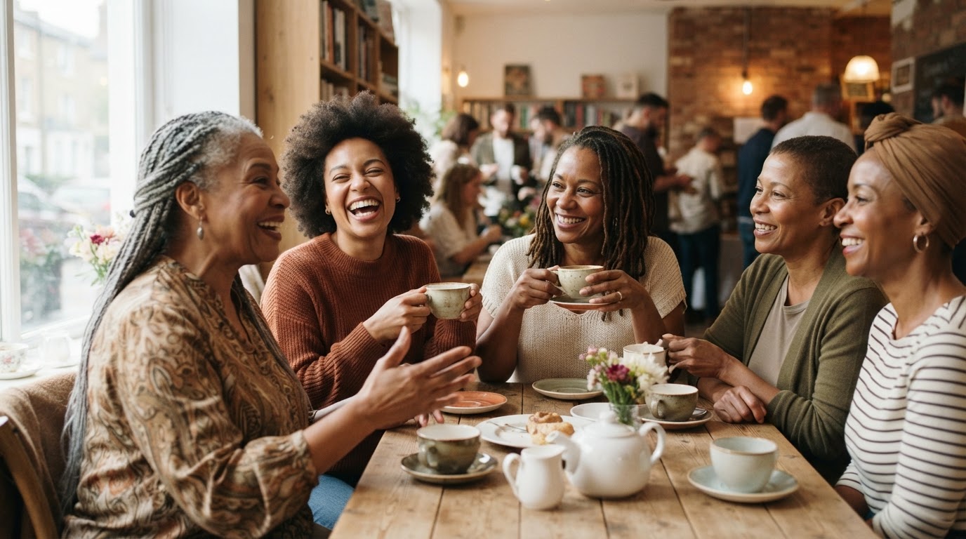 Black women sharing tea and conversation at a Roots community event