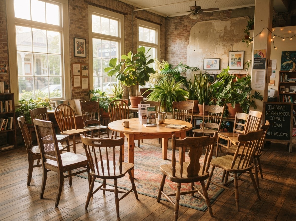 A circle of wooden chairs around a table in a sunlit New Orleans community space