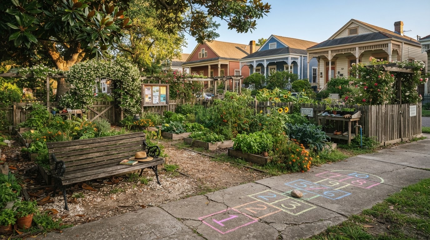 A lush New Orleans community garden with a bench and chalk-drawn hopscotch in golden light
