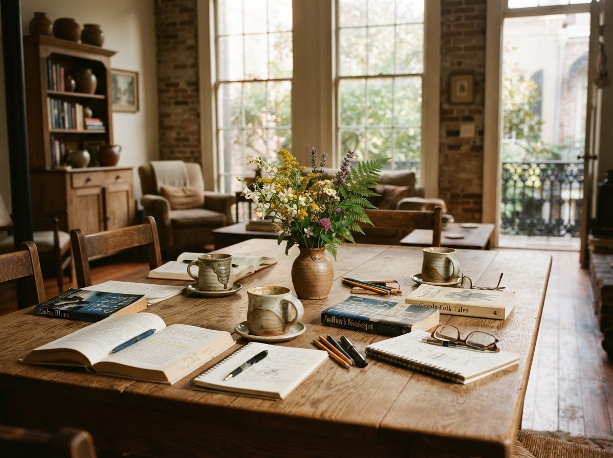A community table set with coffee mugs, books, and wildflowers in warm window light
