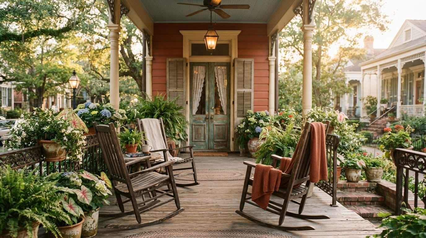 A warm New Orleans front porch with rocking chairs in golden afternoon light