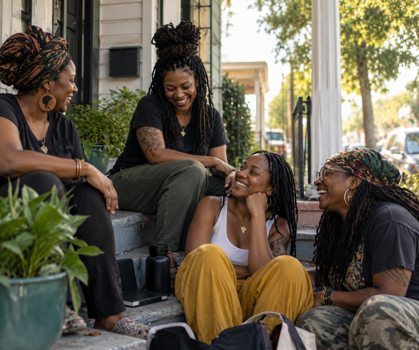 Women of Roots of Healing Wellness sharing sisterhood on a New Orleans porch
