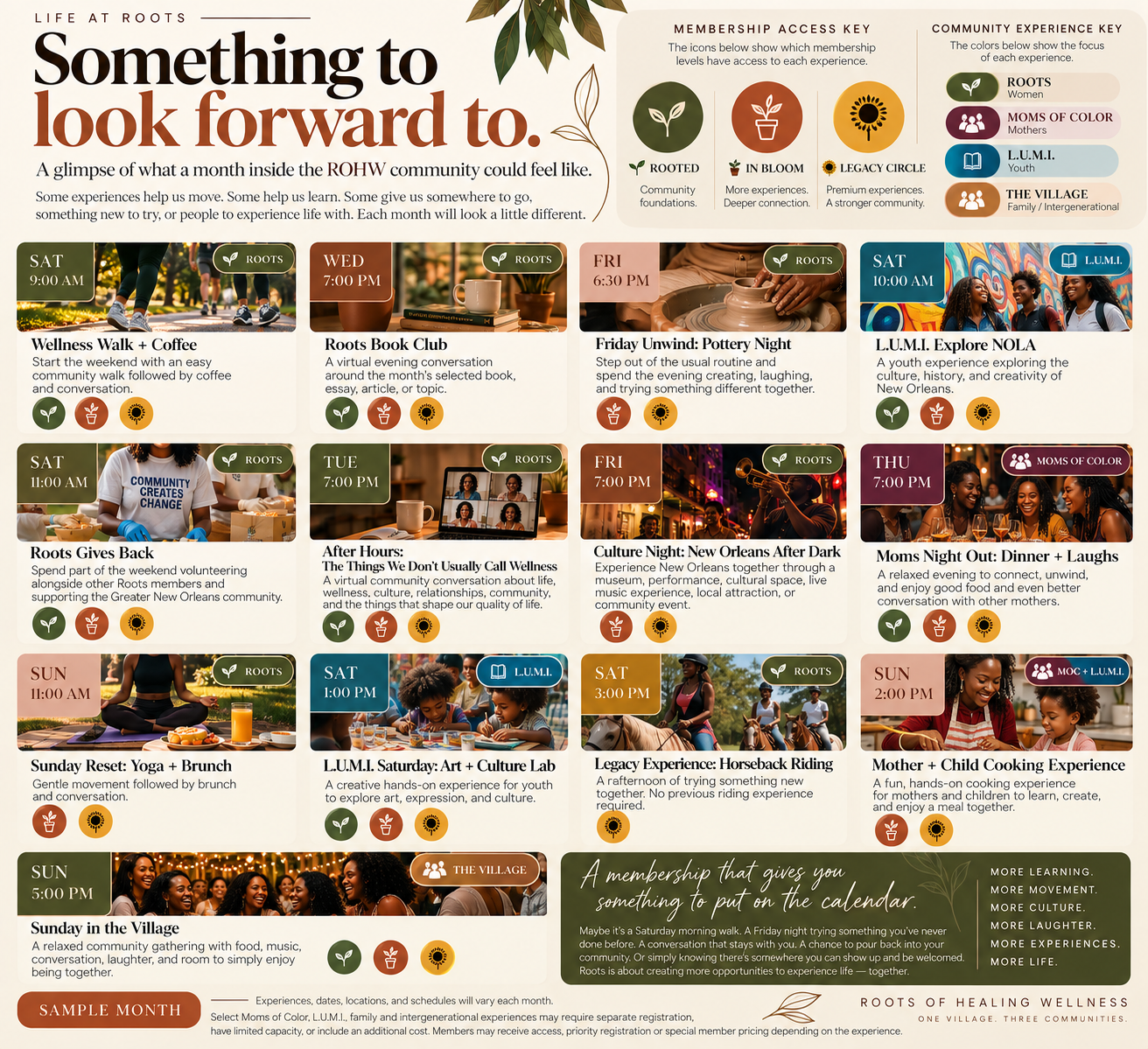 Sample Calendar: Life at Roots - Something to look forward to with monthly experiences and membership access key