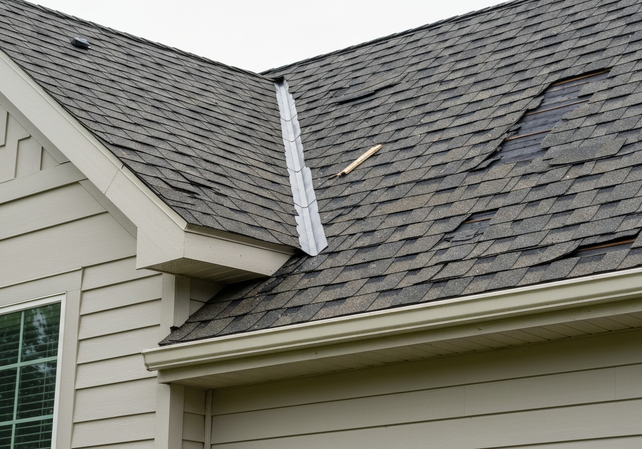 Close up of storm-related roof and siding damage