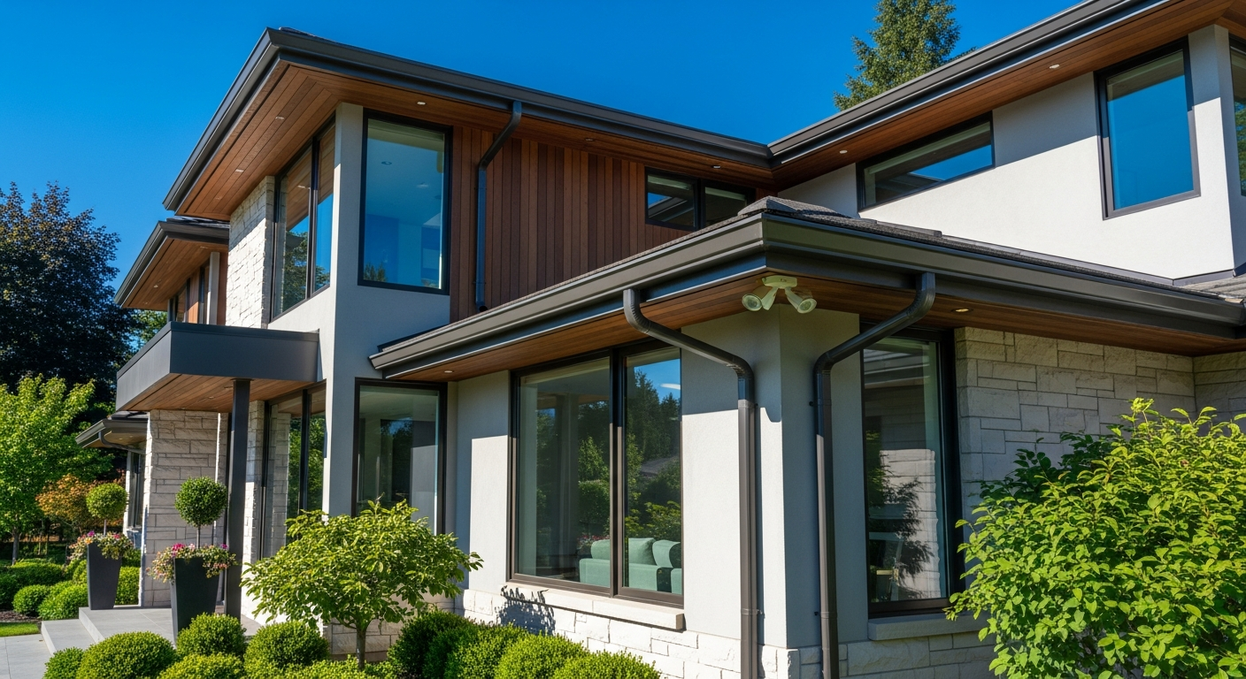 Beautiful modern home exterior featuring premium seamless gutters