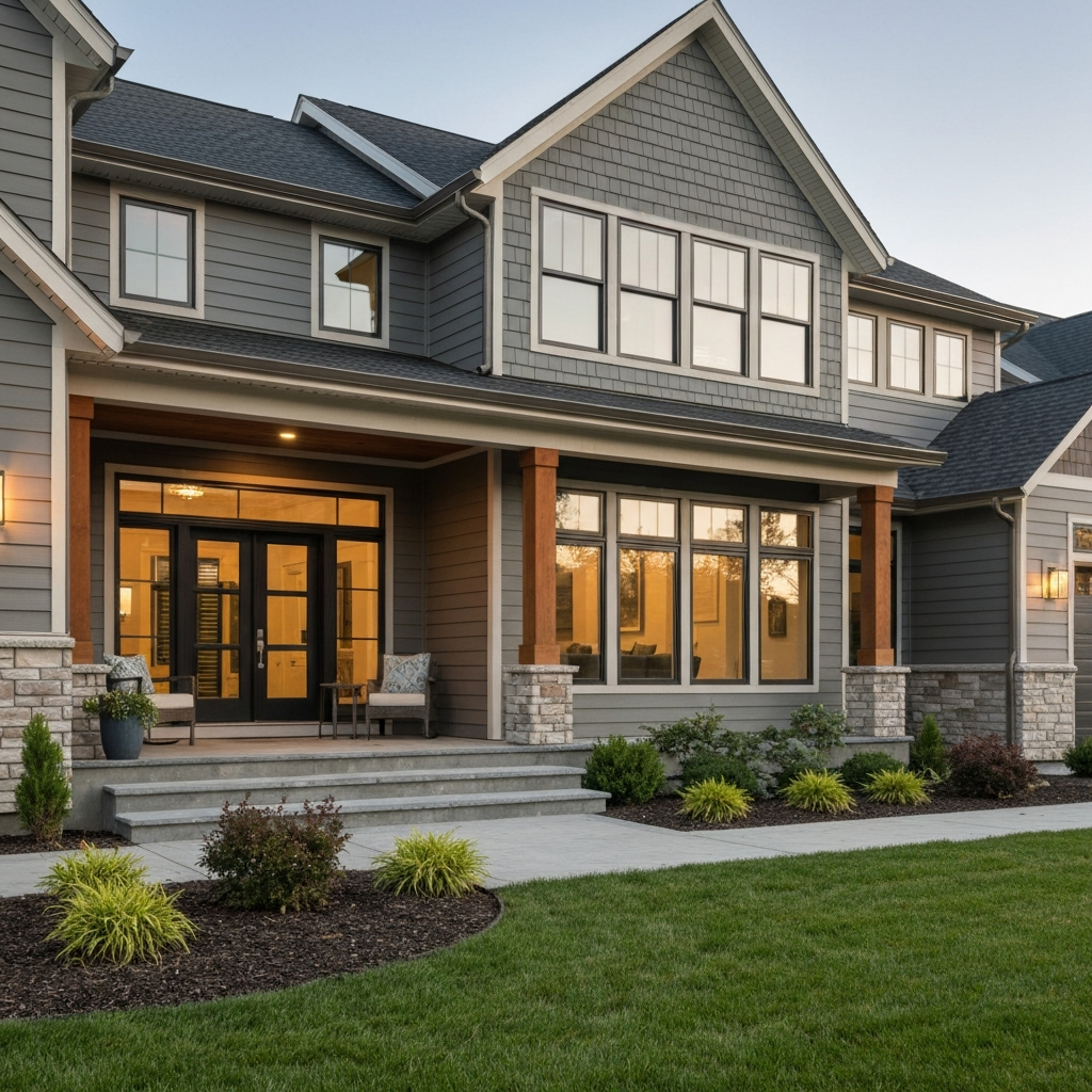Beautiful modern home exterior featuring premium new siding