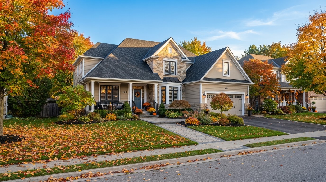 Well-maintained residential home with asphalt shingle roof surrounded by autumn leaves