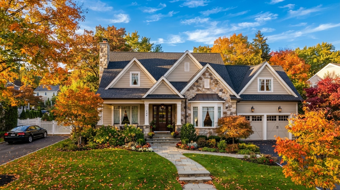 Beautiful residential home with a well-maintained roof surrounded by autumn foliage