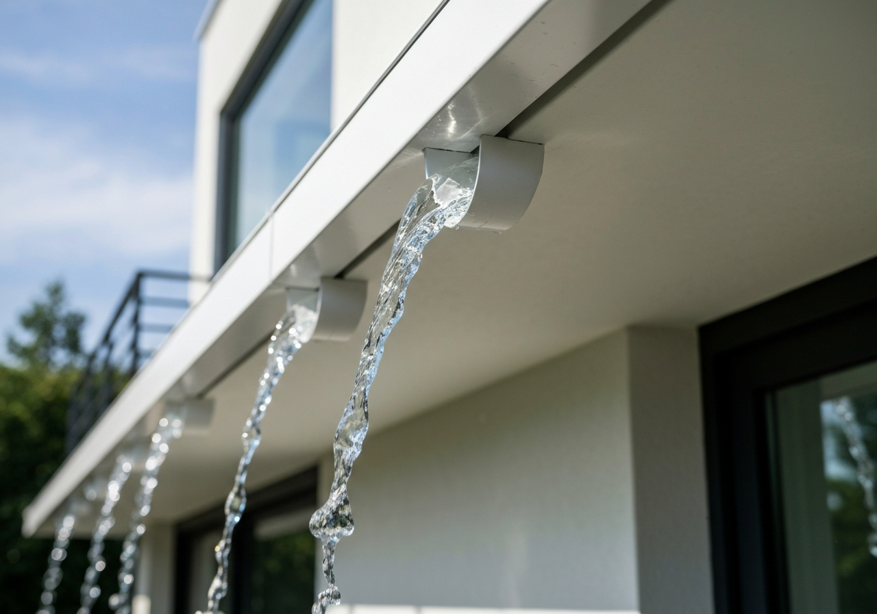 Rainwater flowing properly through a clean gutter system