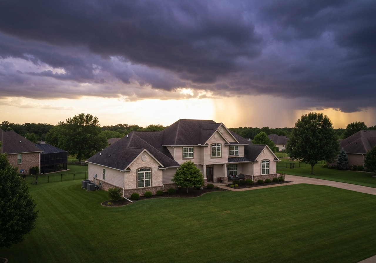 Beautiful home following a storm with dark clouds clearing and sunlight breaking through