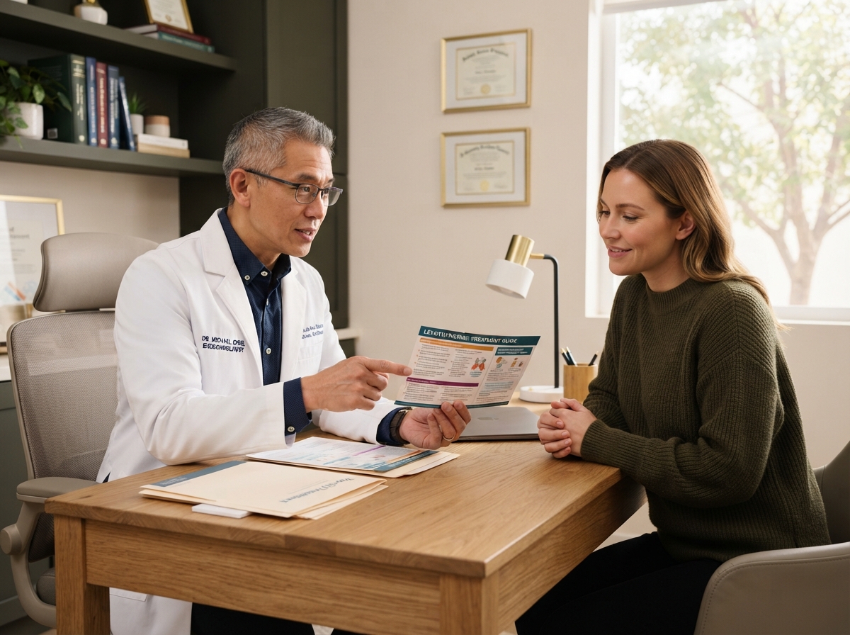 Endocrino explicando medicamentos para tratar la obesidad en consulta
