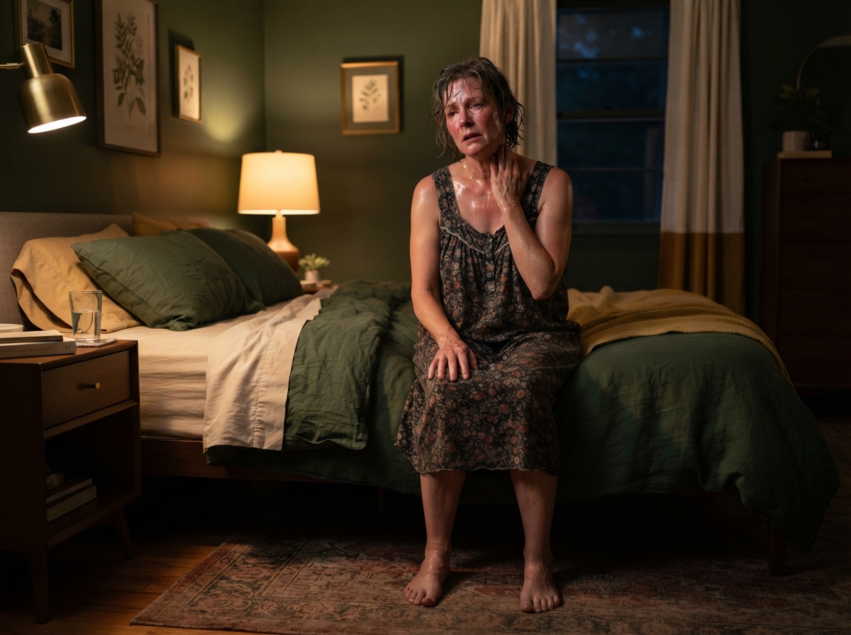 Mujer despierta por la noche con sudoración nocturna típica de la menopausia
