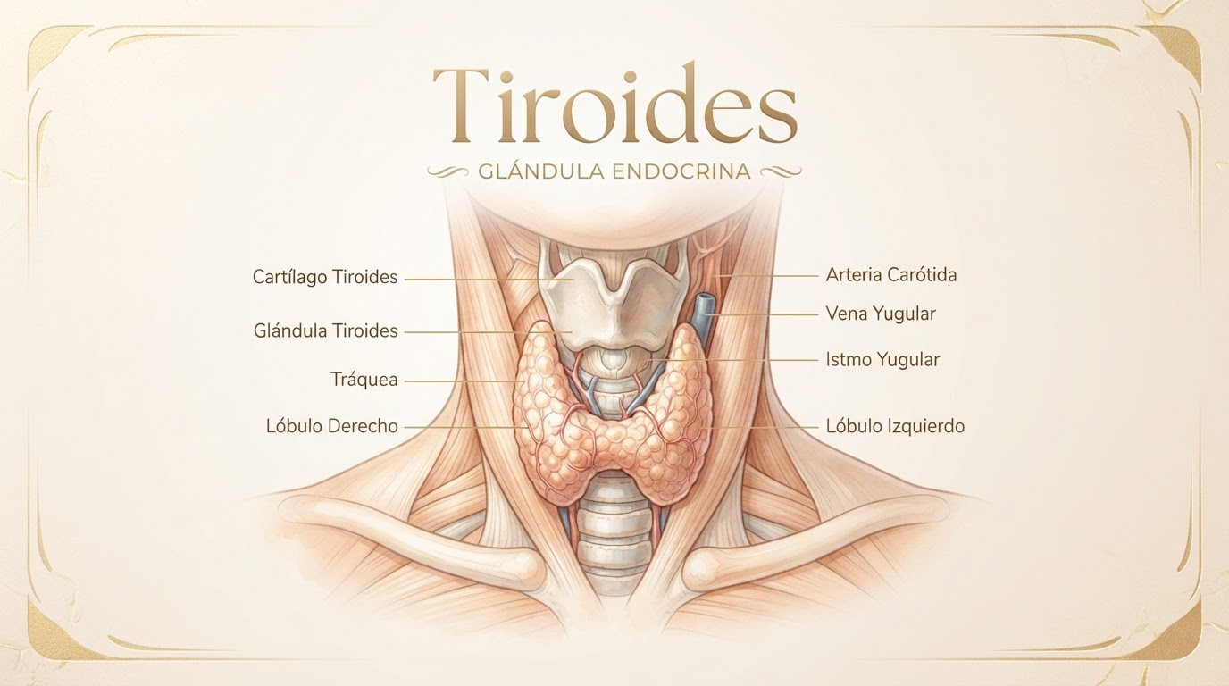 Ilustración de la glándula tiroides con forma de mariposa en el cuello, endocrinología en Melilla