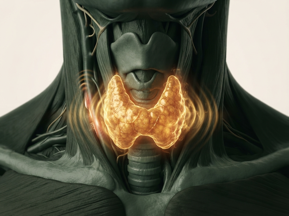 Ilustración hiperrealista de la glándula tiroides hiperactiva con metabolismo acelerado en hipertiroidismo