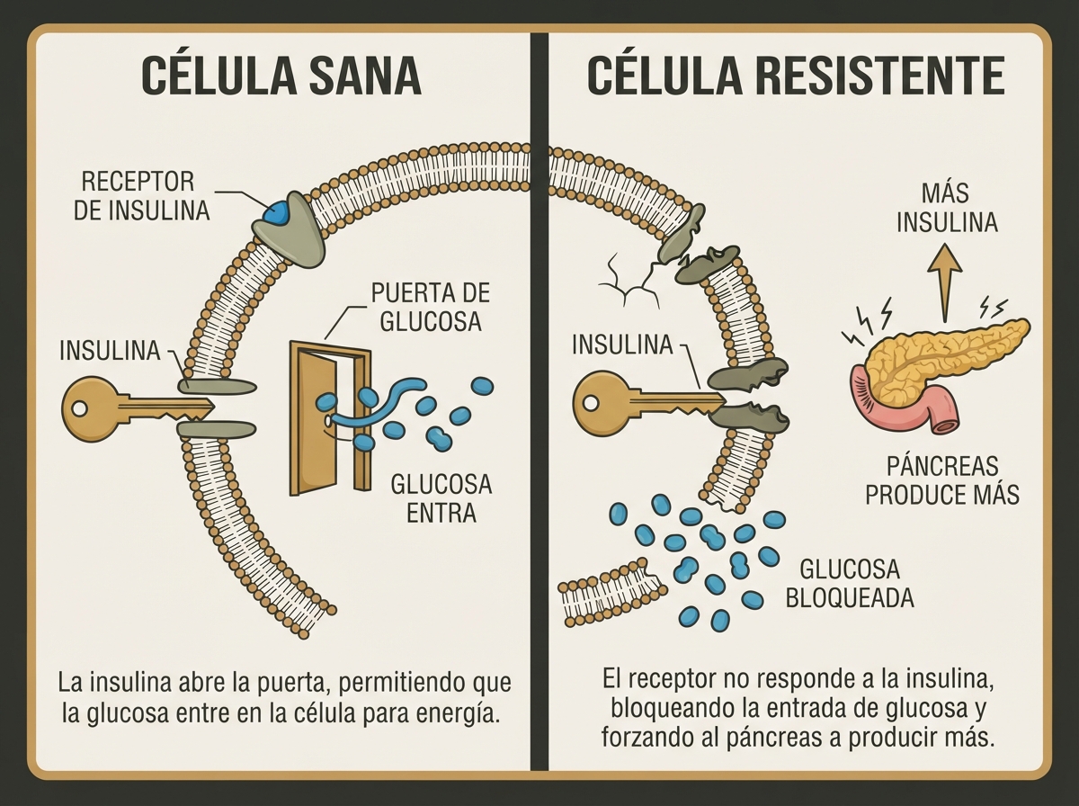 Figura explicativa de la resistencia a la insulina: célula sana con insulina funcionando vs célula resistente con insulina bloqueada