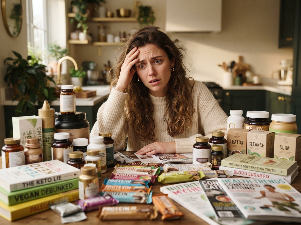 Persona confundida frente a una mesa llena de productos nutricionales contradictorios: suplementos, libros de dieta y tés detox