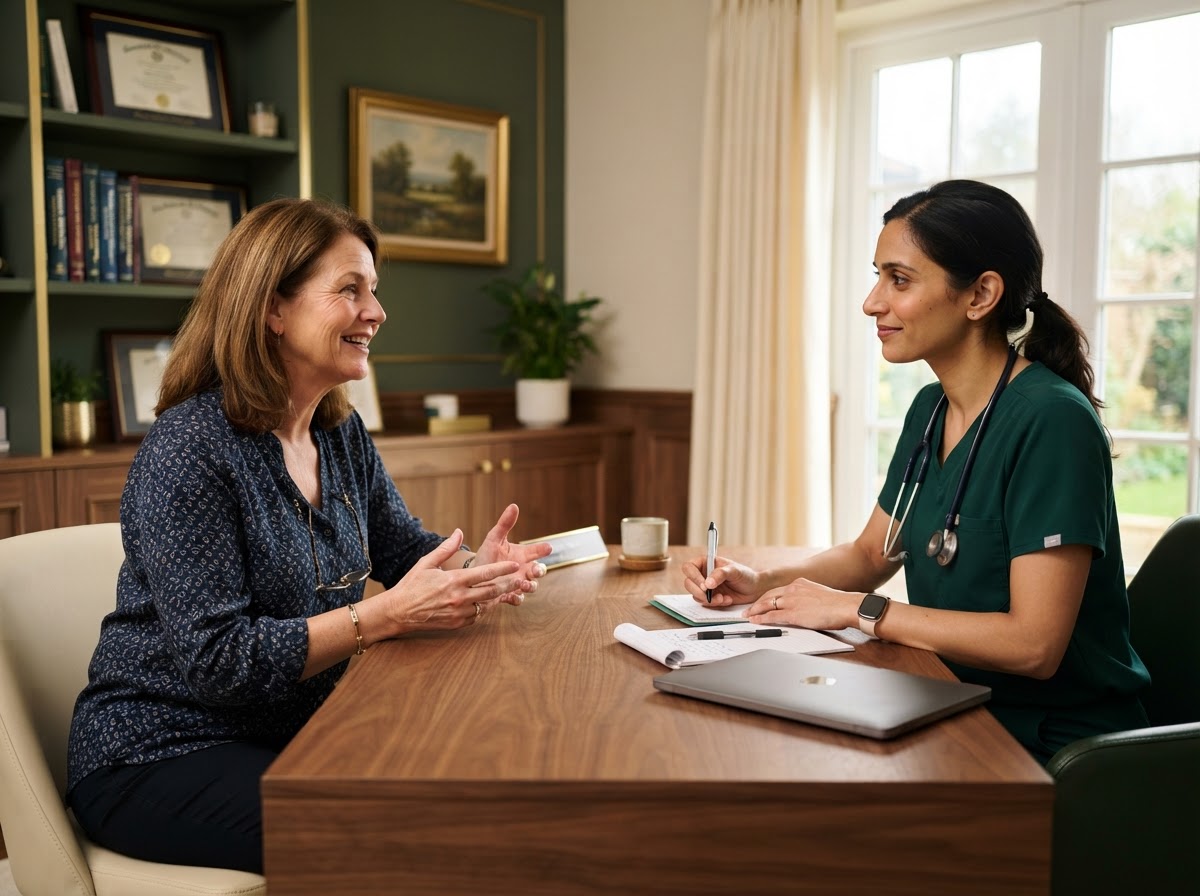 Mujer en consulta con su endocrinólogo durante la menopausia