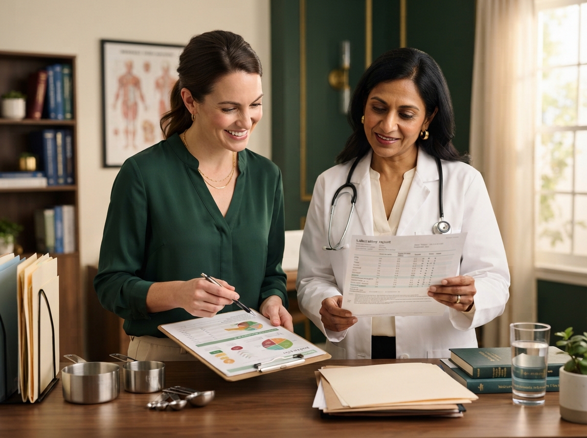Endocrinólogo revisando analítica hormonal frente a nutricionista con plan de alimentación