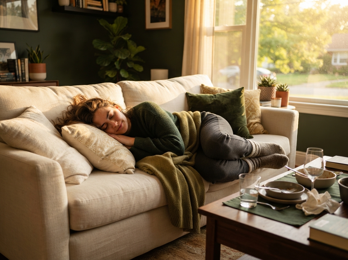 Persona con somnolencia postprandial en el sofá después de comer