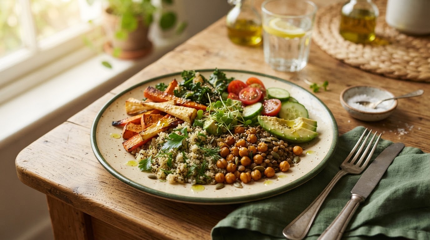Plato de comida saludable con verduras, legumbres, cereales integrales y aceite de oliva sobre una mesa de madera