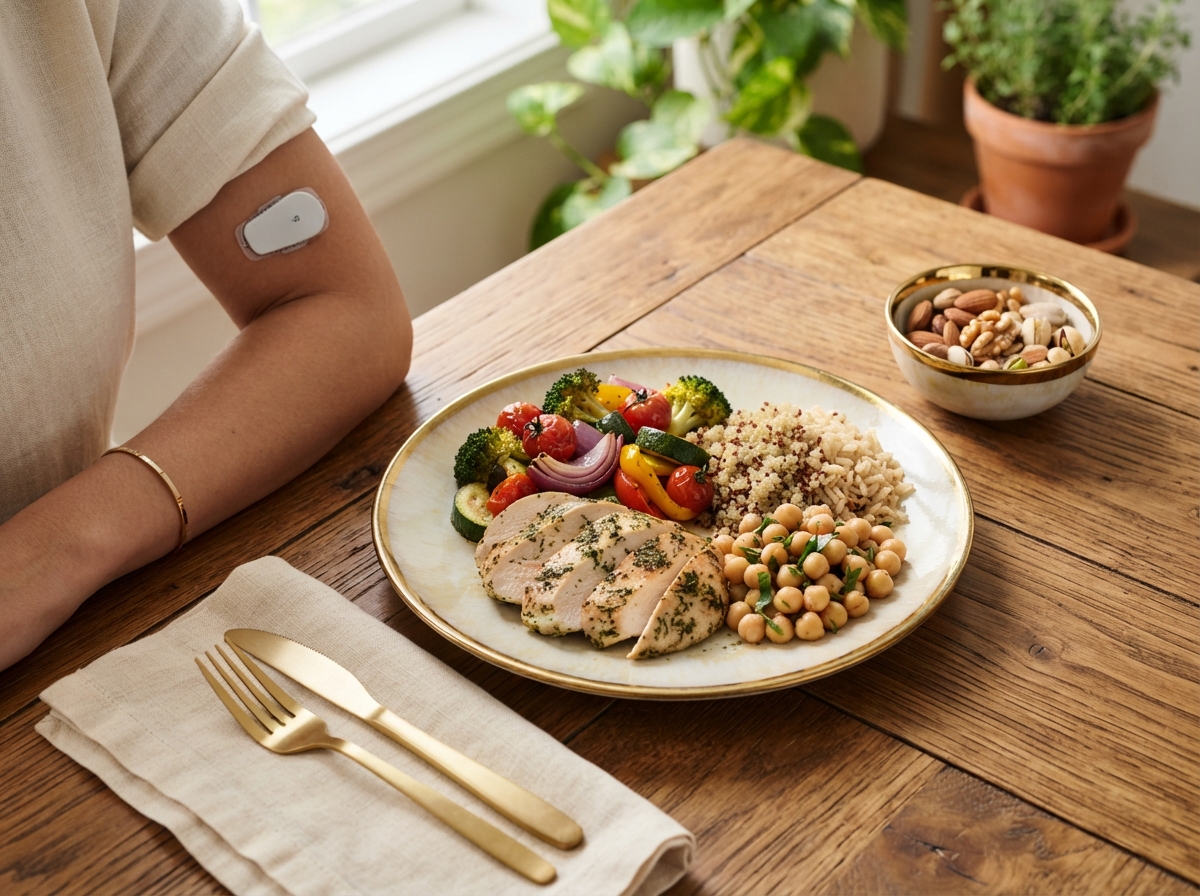 Mesa de madera con plato equilibrado de pollo, verduras, legumbres, arroz integral y frutos secos