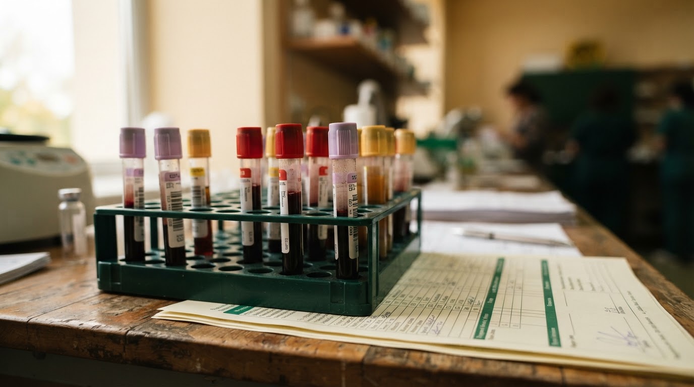 Tubos de extracción de sangre en un soporte de laboratorio con documentos médicos