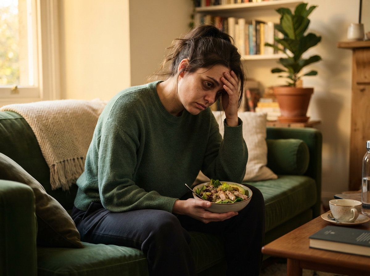 Persona sentada en el sofá con expresión de cansancio sosteniendo un plato pequeño de comida saludable
