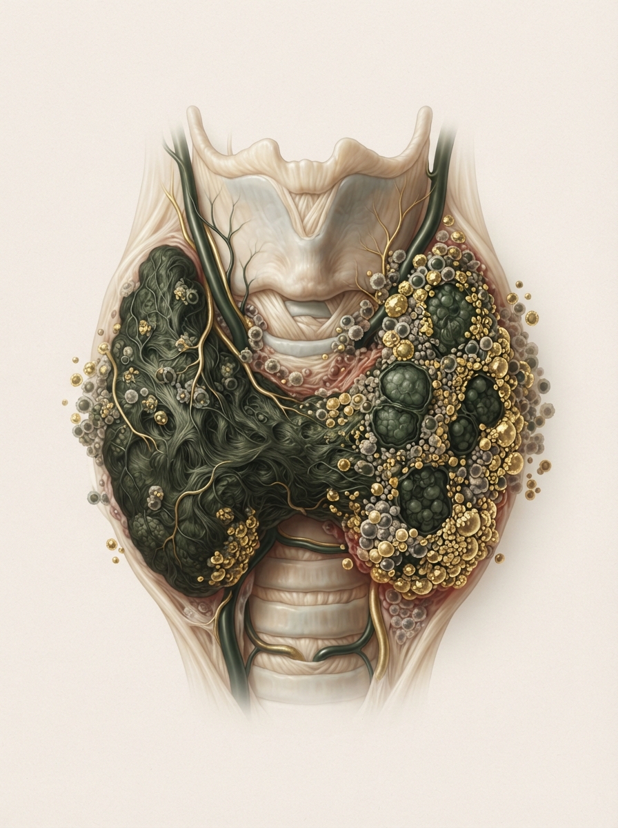 Ilustración hiperrealista de la glándula tiroides con proceso autoinmune de Hashimoto en endocrinología