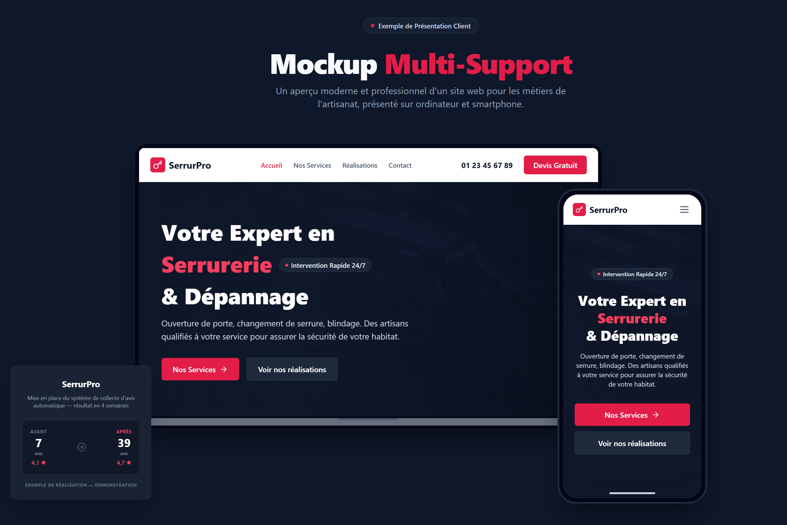 Exemple de site web pour serrurier avec progression des avis Google