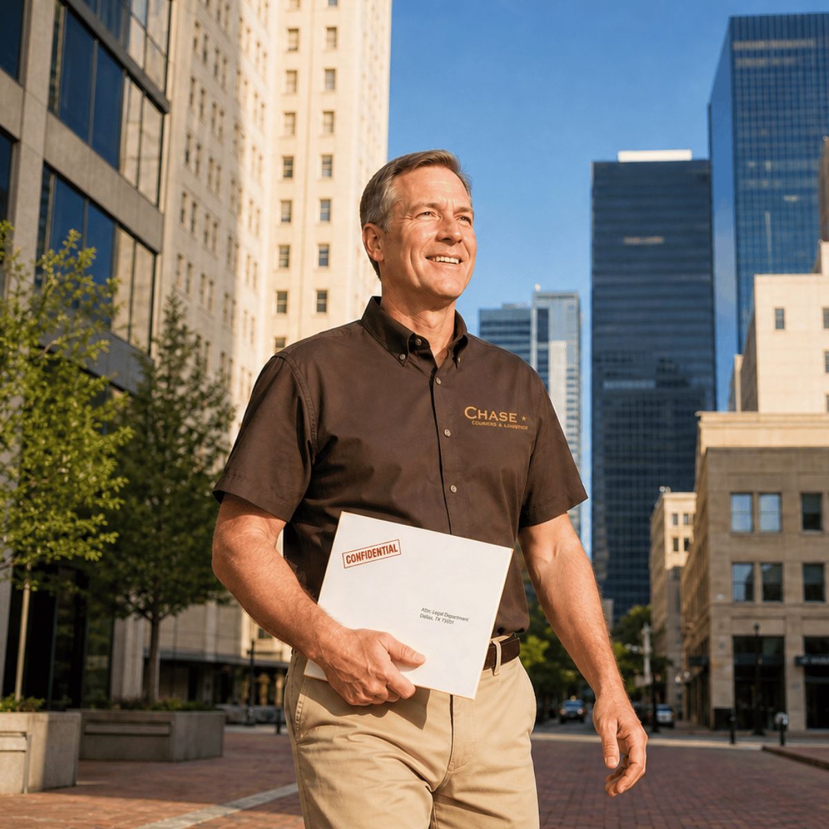 Chase courier delivering confidential documents in downtown Dallas