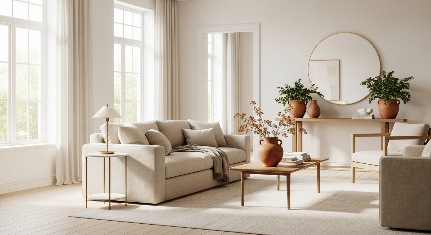 Beautifully staged living room by Upward Home Concepts in Milford CT featuring natural light, linen textiles, and warm brass accents.