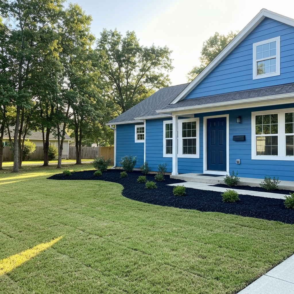 Blue House with Black Mulch