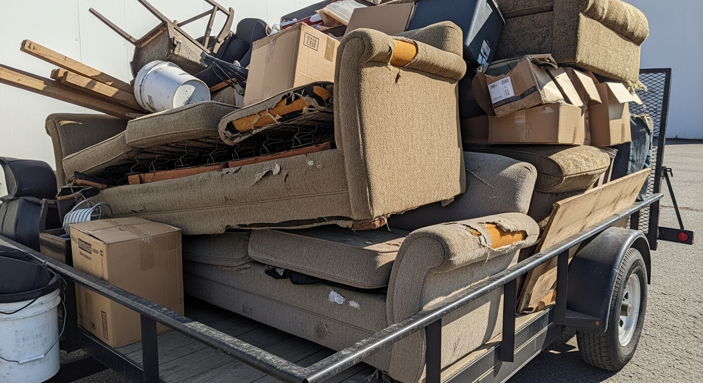 Trailer bed loaded with junk and couches